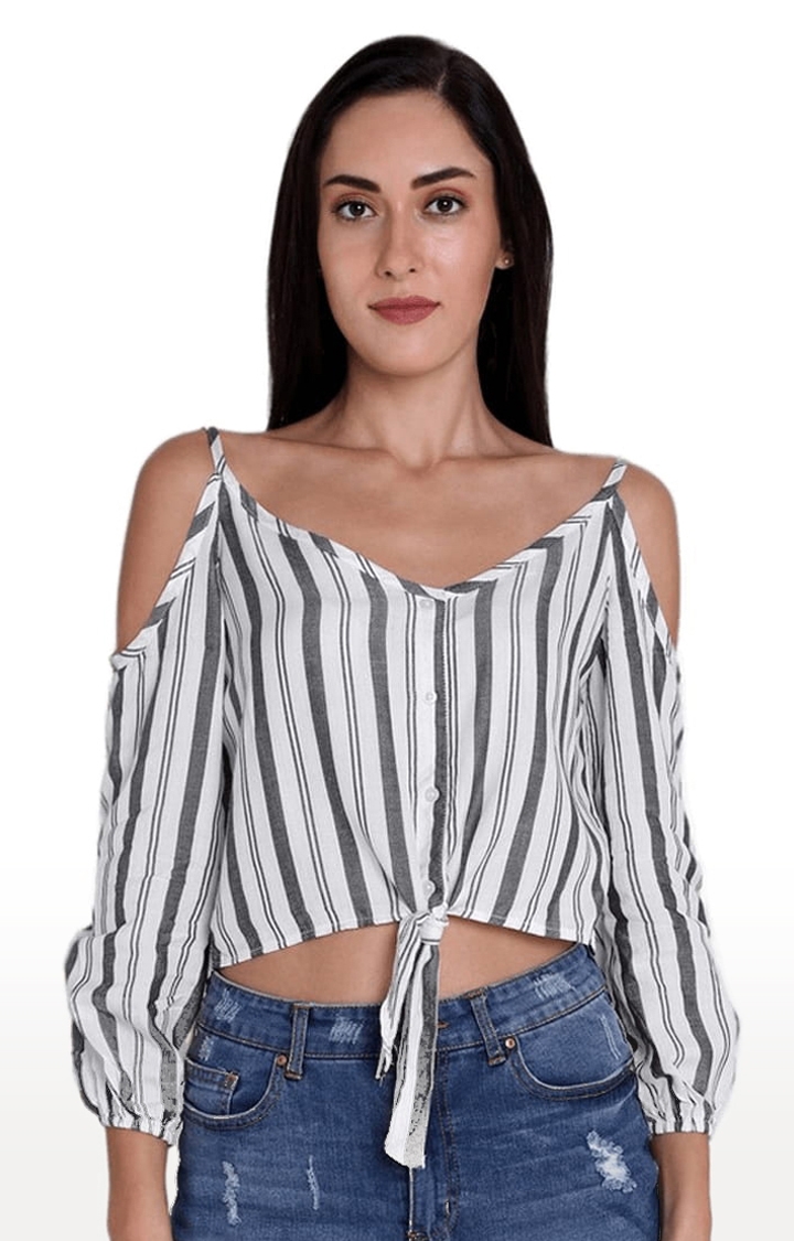 CHIMPAAANZEE | Women's White and Grey Viscose Striped Strappy Top