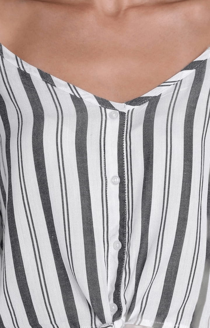 Women's White and Grey Viscose Striped Strappy Top