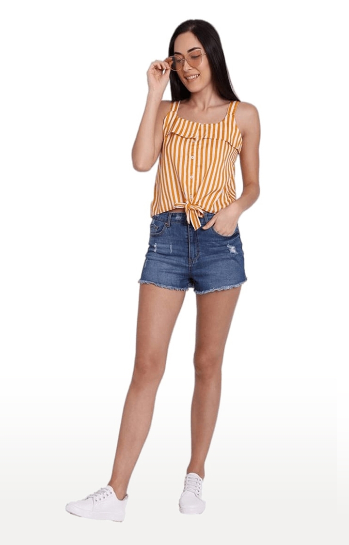 Women's Yellow Crepe Striped Strappy Top