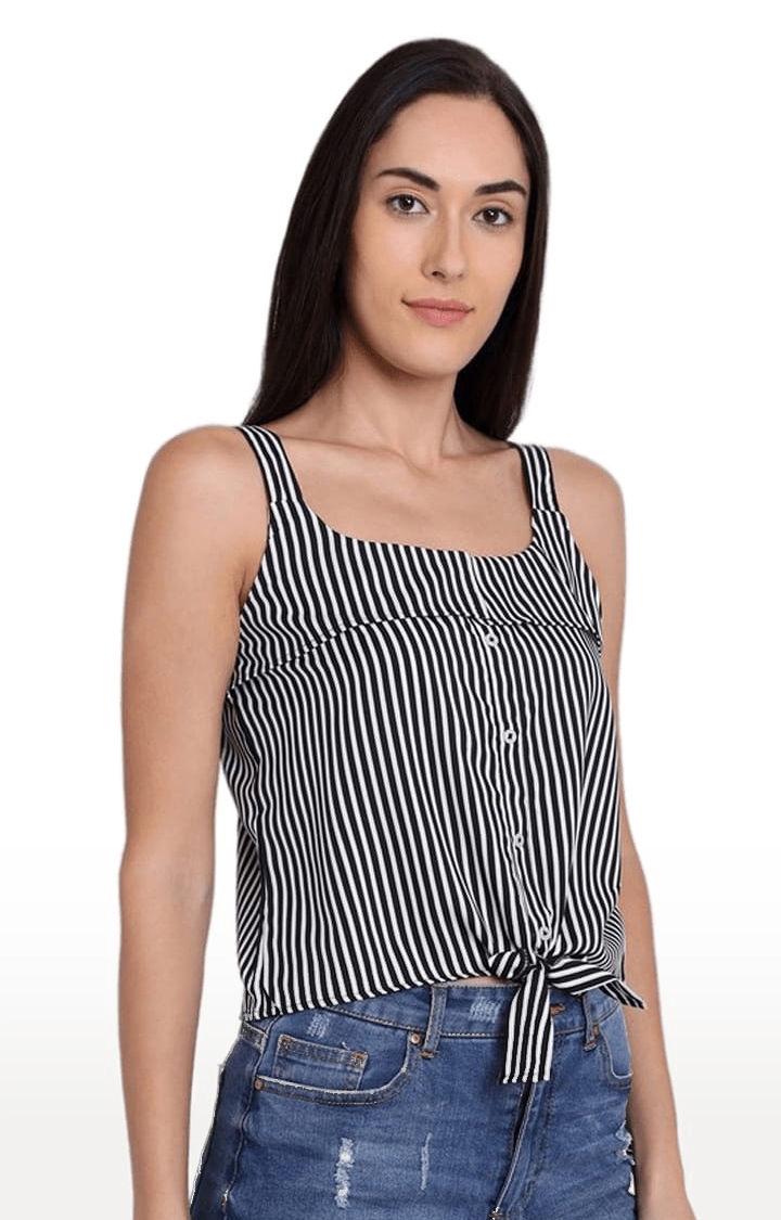 Women's Black Crepe Striped Strappy Top
