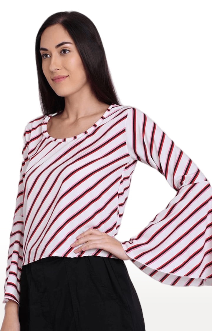 Women's White and Red Crepe Striped Blouson Top