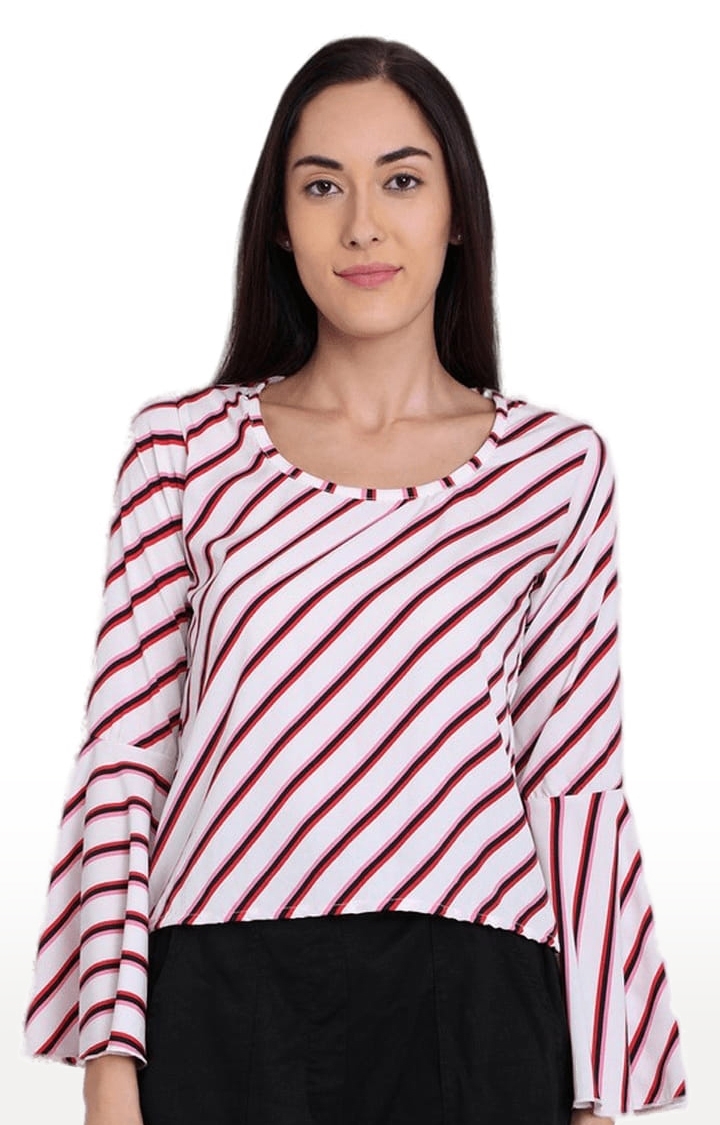 CHIMPAAANZEE | Women's White and Red Crepe Striped Blouson Top
