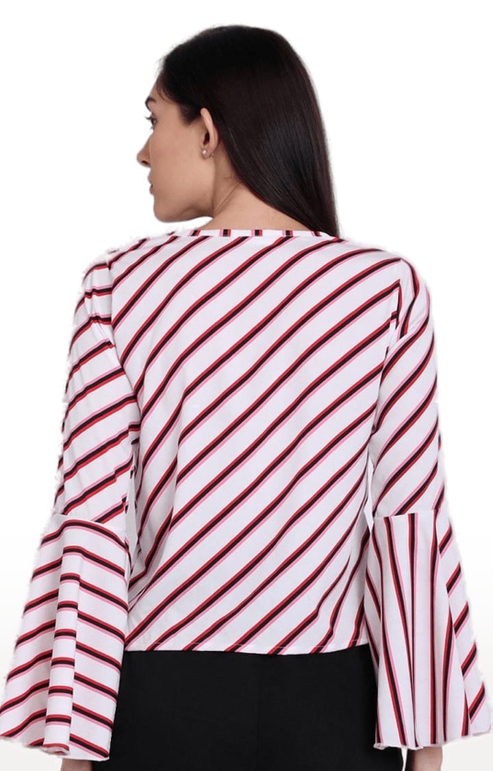 Women's White and Red Crepe Striped Blouson Top