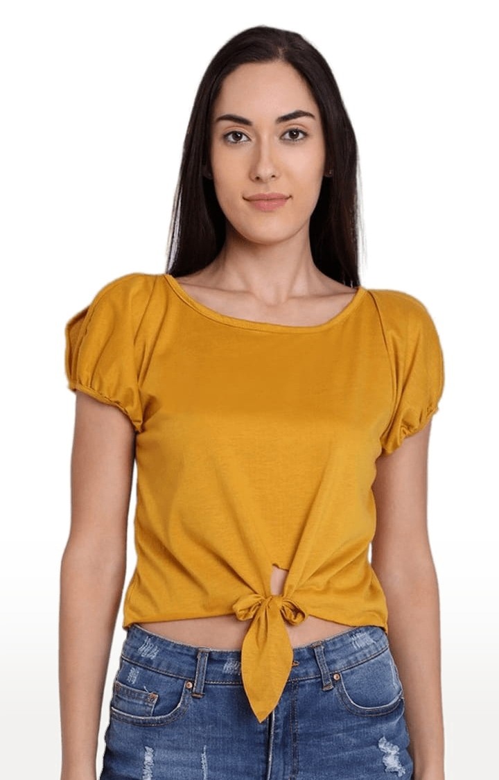 Women's Mustard Viscose  Solid Blouson Top