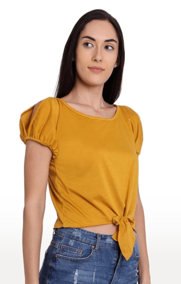 Women's Mustard Viscose  Solid Blouson Top