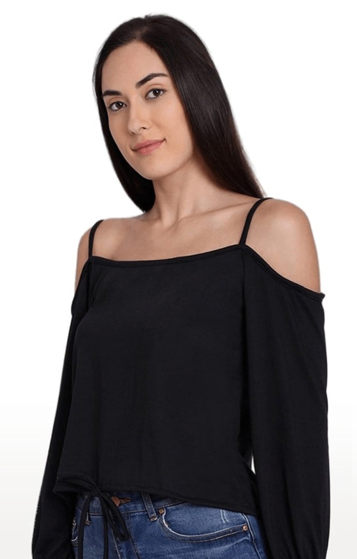 Women's Black Viscose Solid Strappy Top