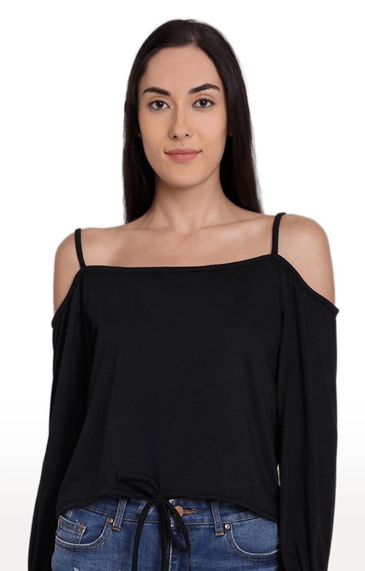 Women's Black Viscose Solid Strappy Top