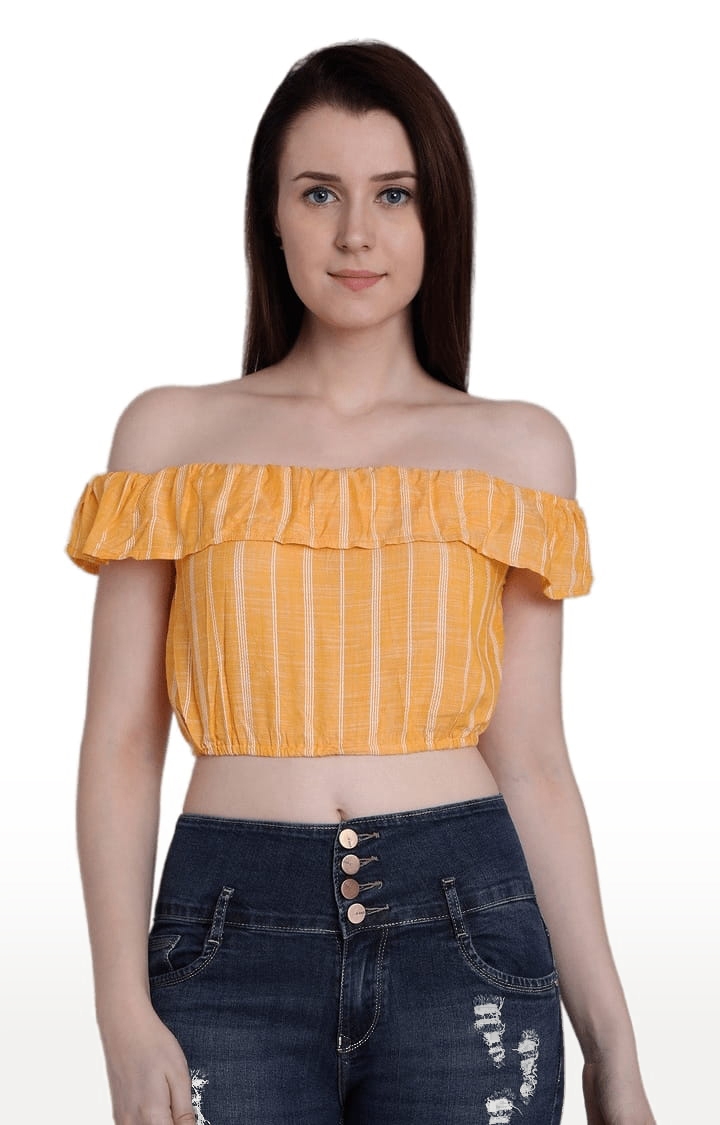 CHIMPAAANZEE | Women's Yellow and White Viscose Striped Off Shoulder Top