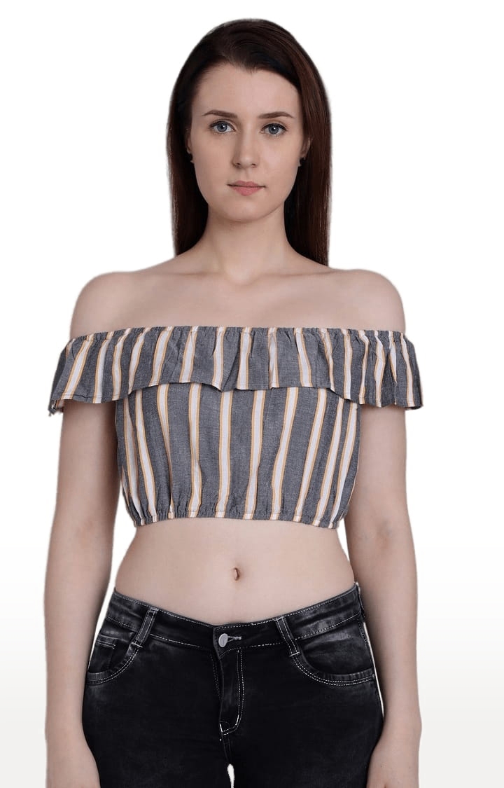 Women's Grey Viscose Striped Off Shoulder Top