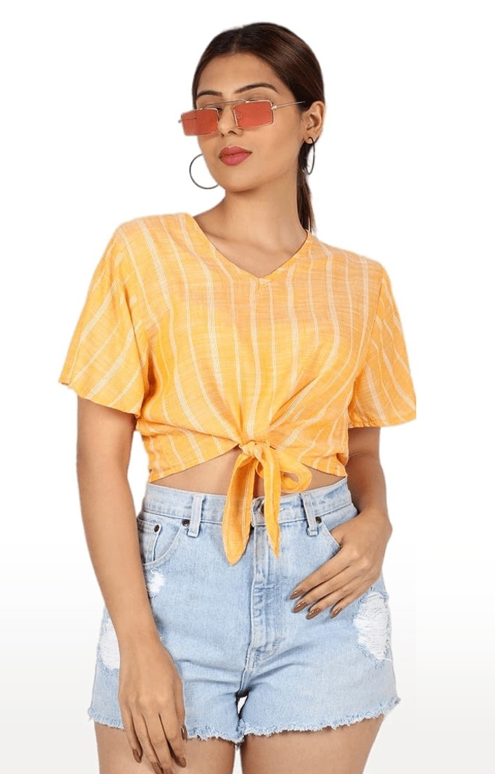 Women's Yellow Viscose Striped Crop Top