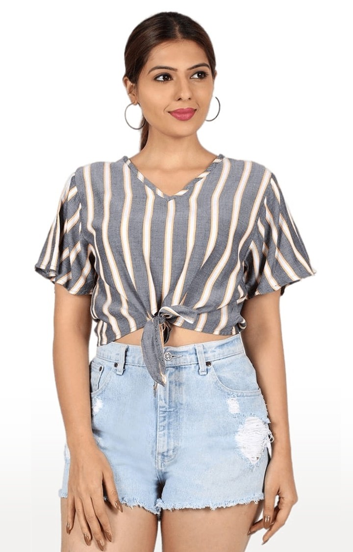 Women's Grey Viscose Striped Crop Top