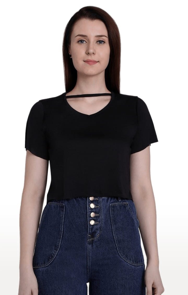 Women's Black Viscose Solid Crop Top