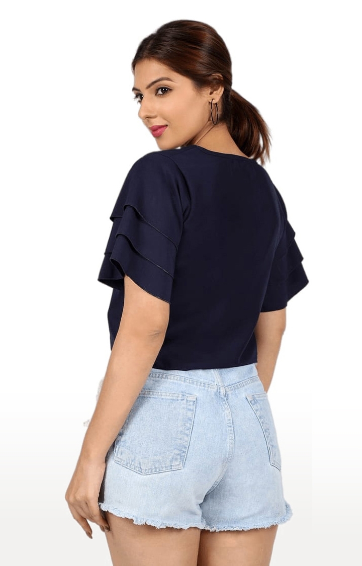 Women's Navy Polyester  Solid Blouson Top