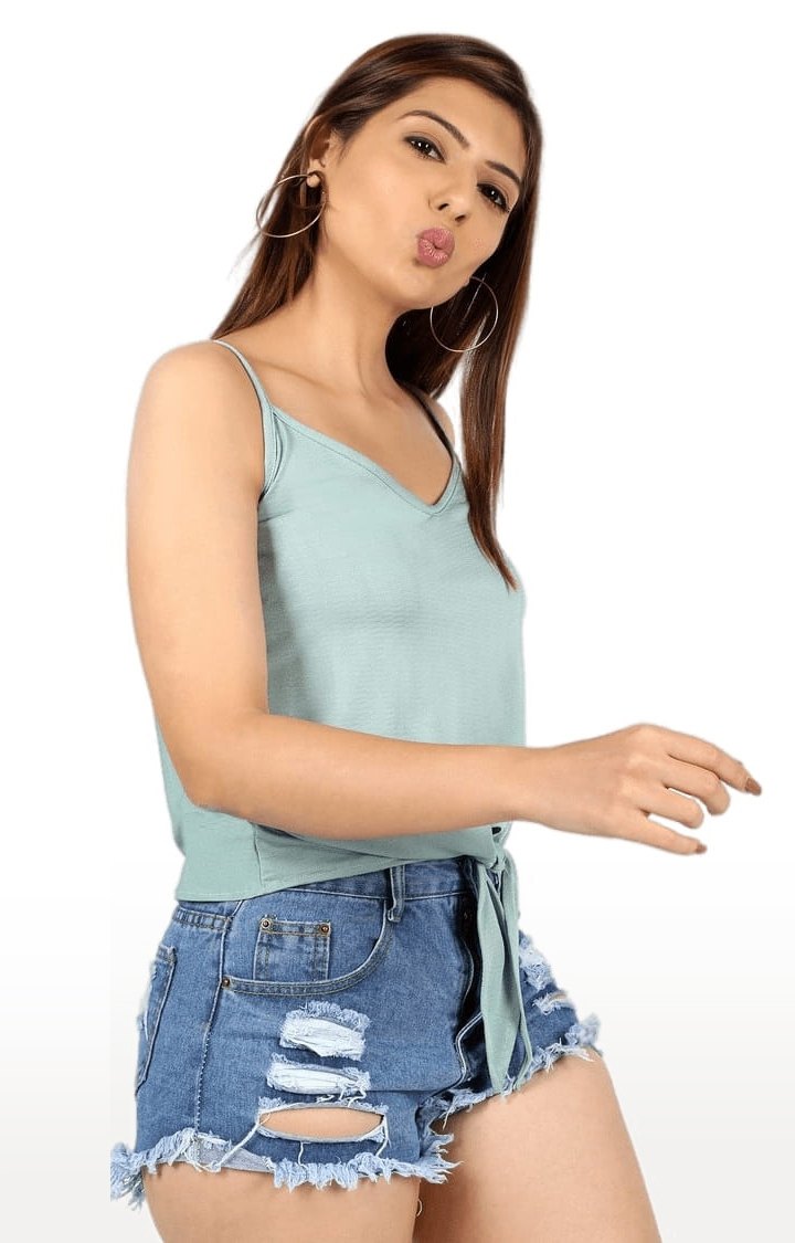 Women's Green Polyester Solid Strappy Top