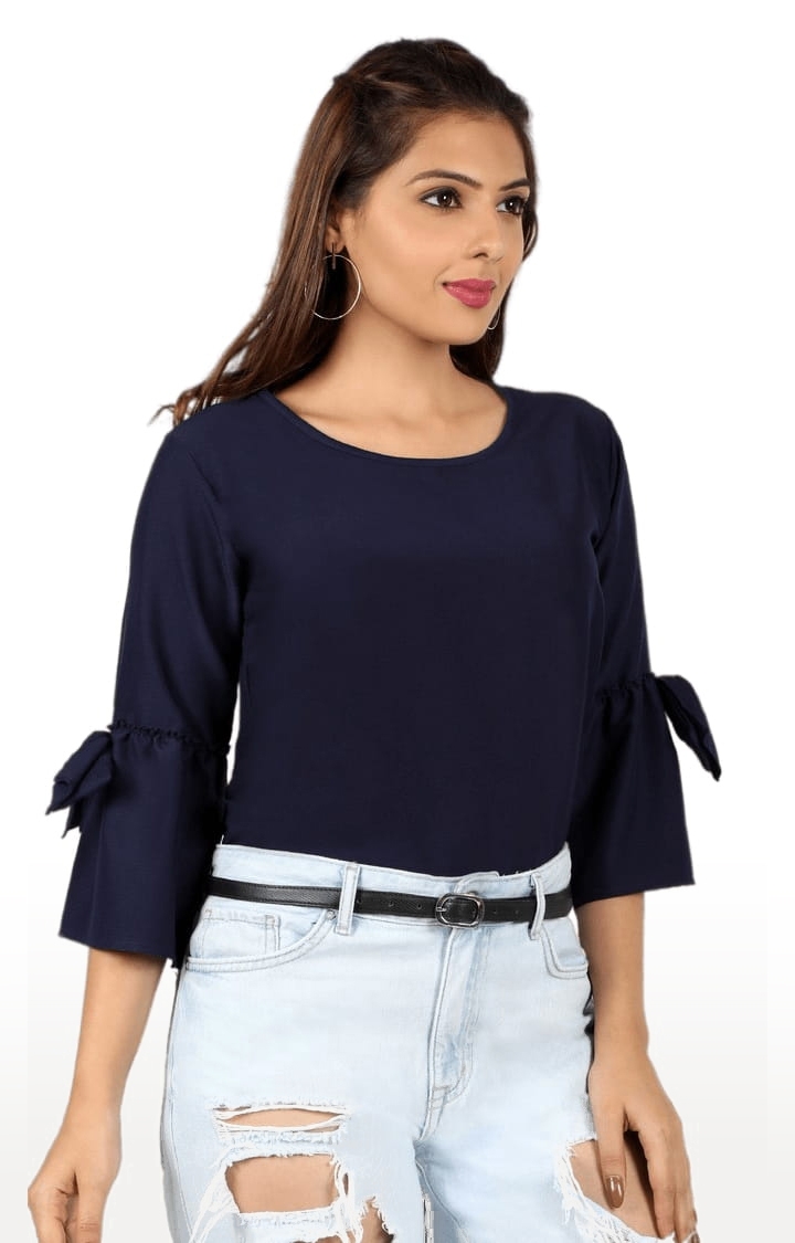 Women's Navy Polyester  Solid Blouson Top