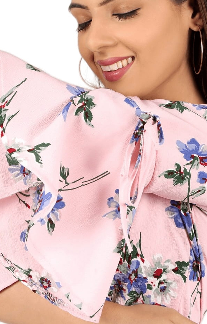 Women's Pink Polyester Floral Blouson Top