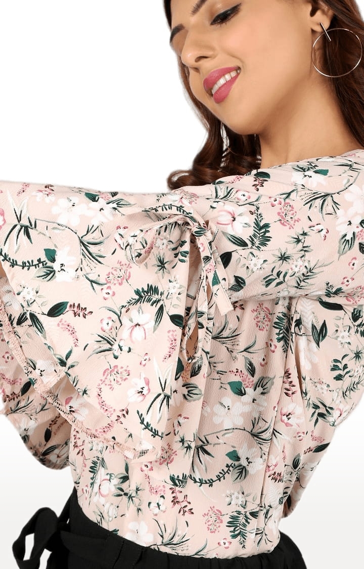 Women's Beige Polyester Floral Blouson Top