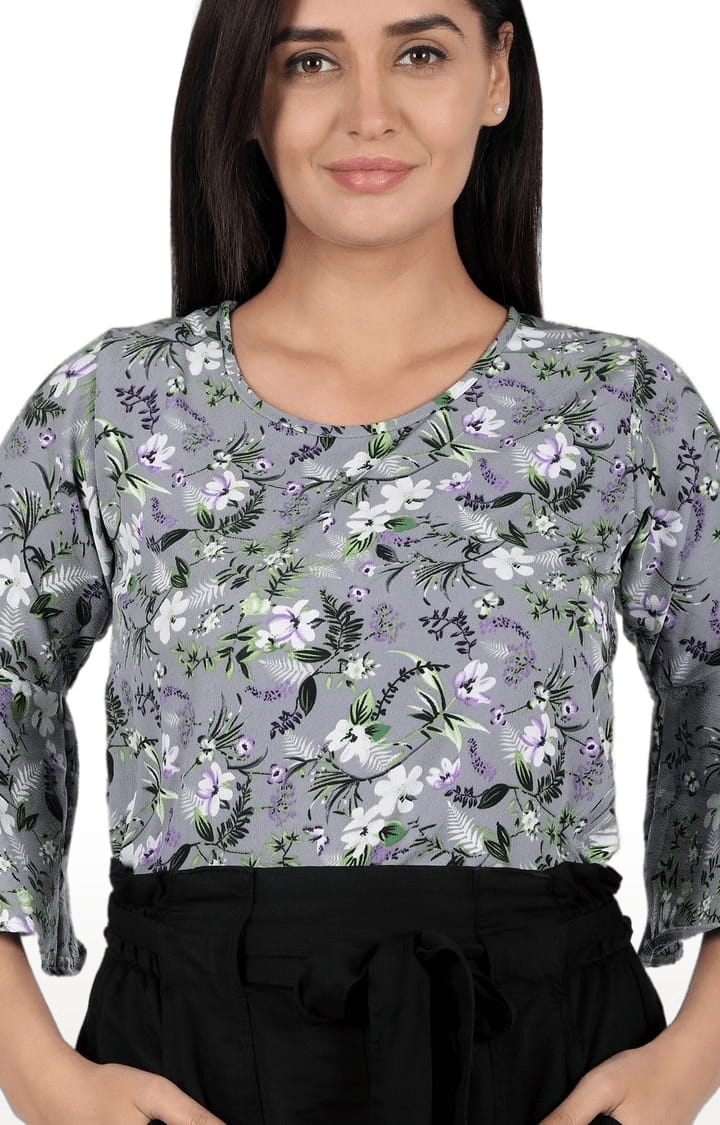 Women's Grey Polyester Floral Blouson Top