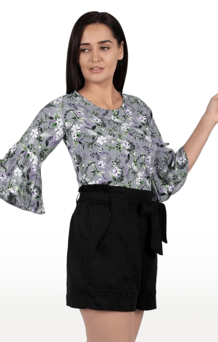 Women's Grey Polyester Floral Blouson Top
