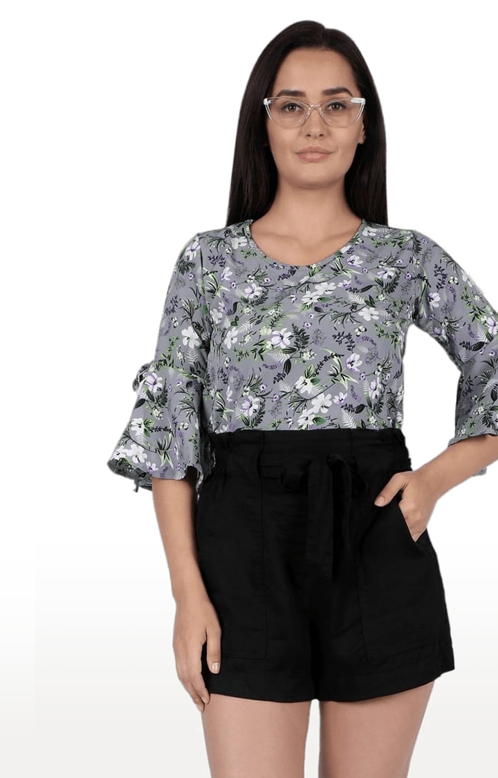 CHIMPAAANZEE | Women's Grey Polyester Floral Blouson Top