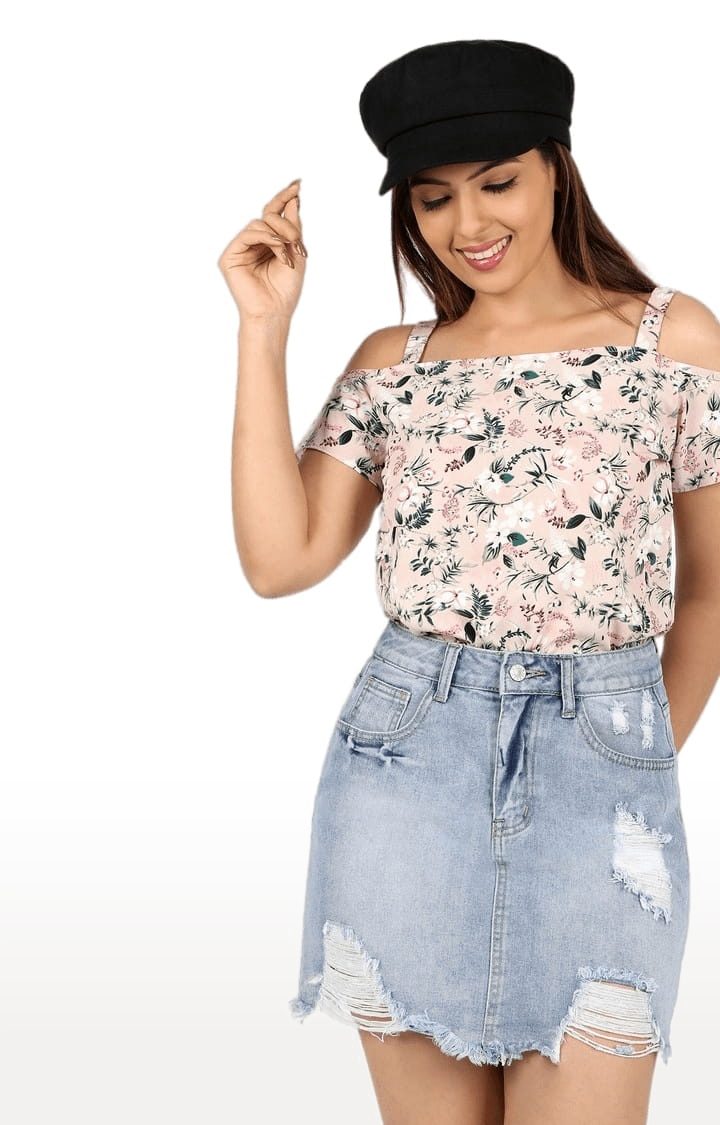 Women's Beige Polyester Floral Strappy Top