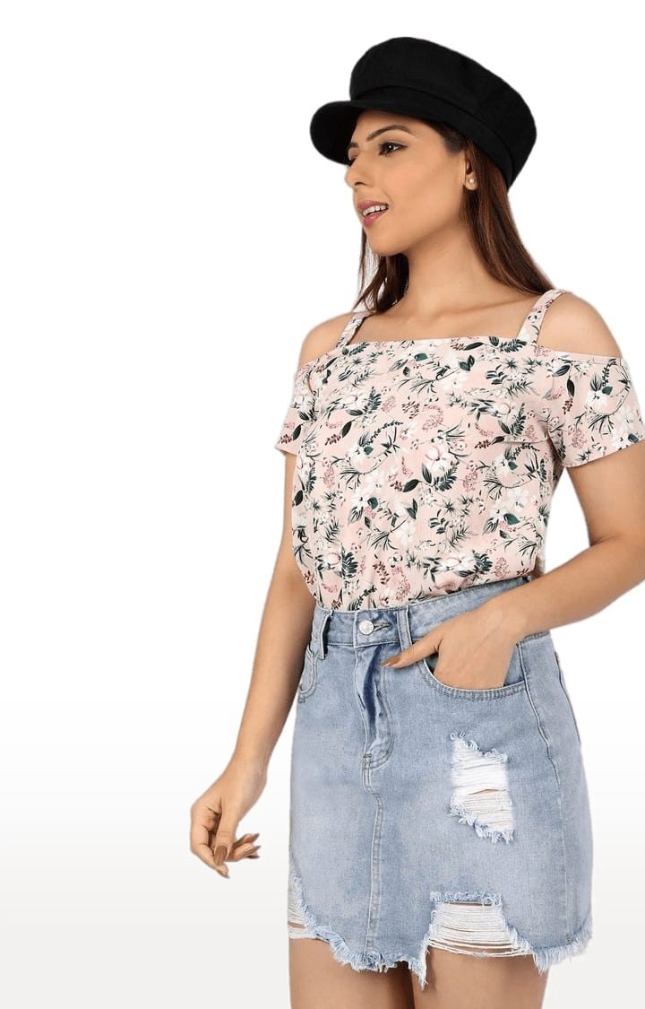 Women's Beige Polyester Floral Strappy Top