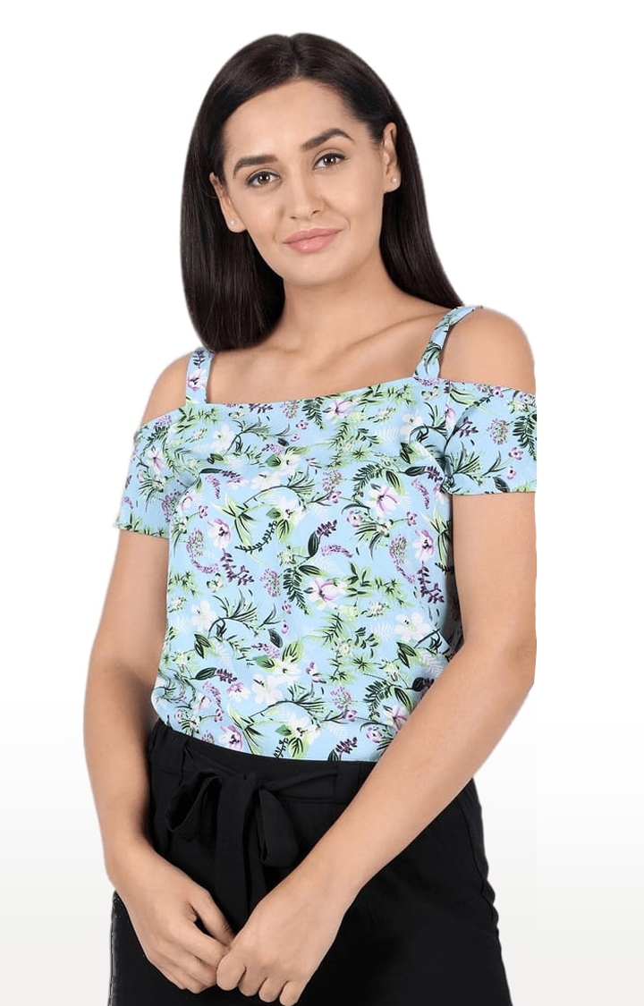 Women's Blue Polyester Floral Strappy Top