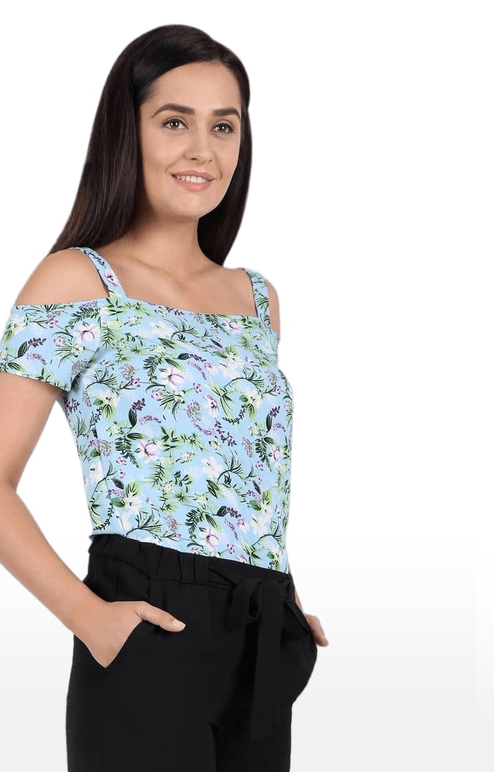 Women's Blue Polyester Floral Strappy Top