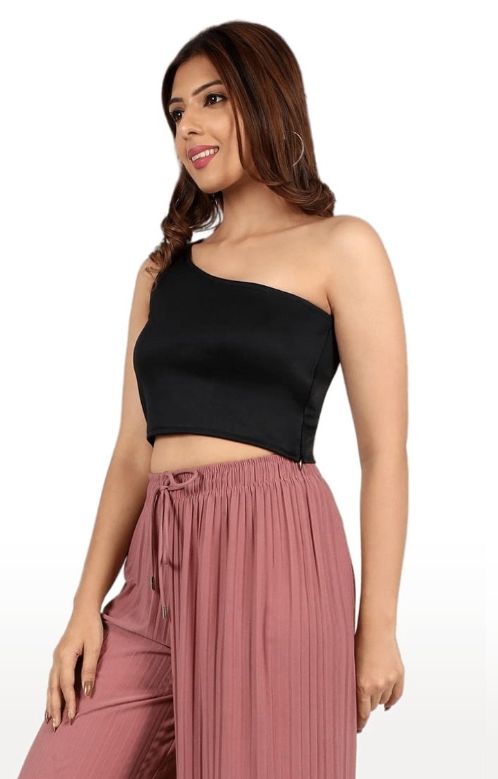 Women's Black Polyester Solid Crop Top