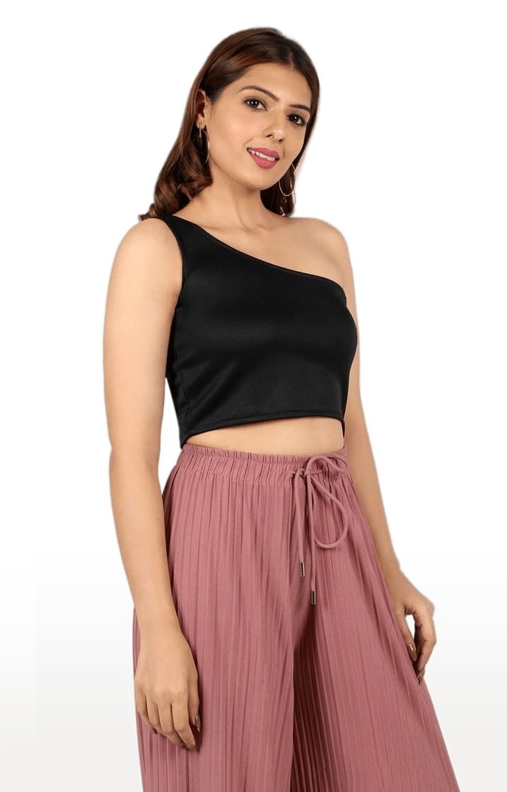 Women's Black Polyester Solid Crop Top
