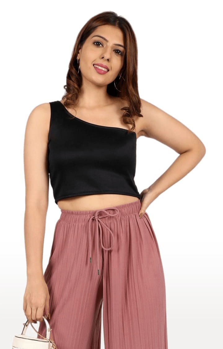Women's Black Polyester Solid Crop Top