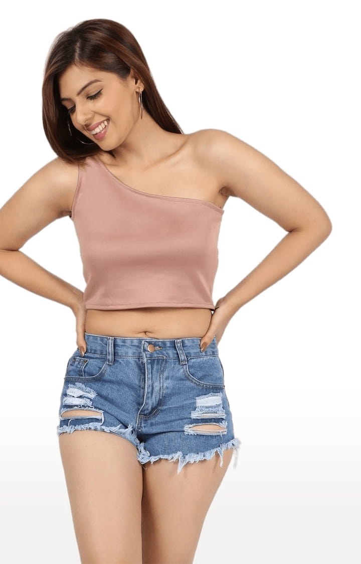 Women's Light Pink Polyester Solid Crop Top
