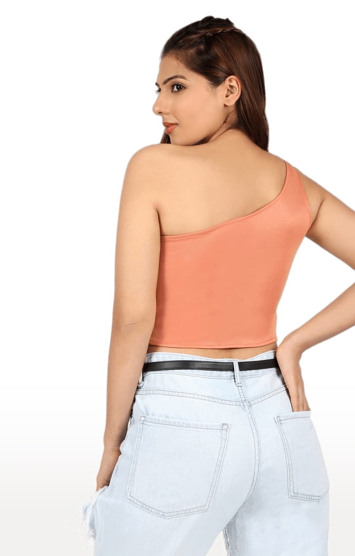 Women's Peach Polyester Solid Crop Top