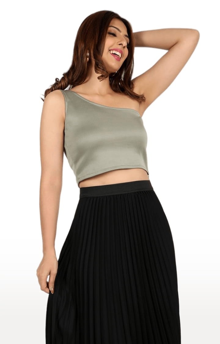 Women's Pista Green Polyester Solid Crop Top