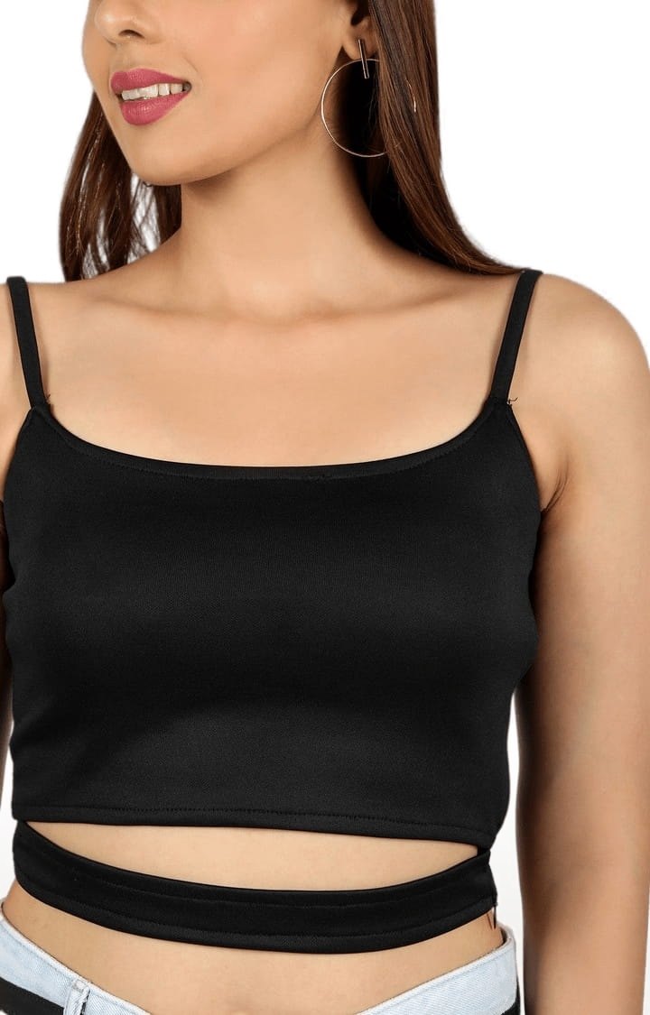 Women's Black Polyester Solid Strappy Top