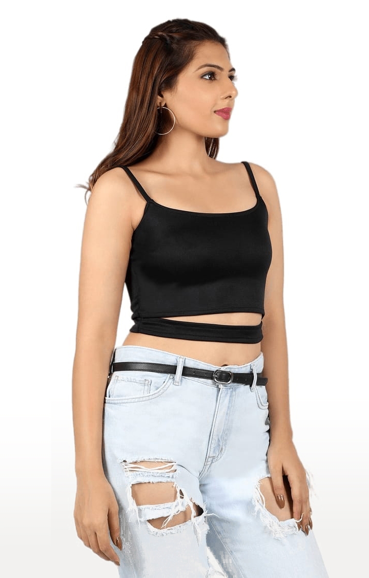Women's Black Polyester Solid Strappy Top