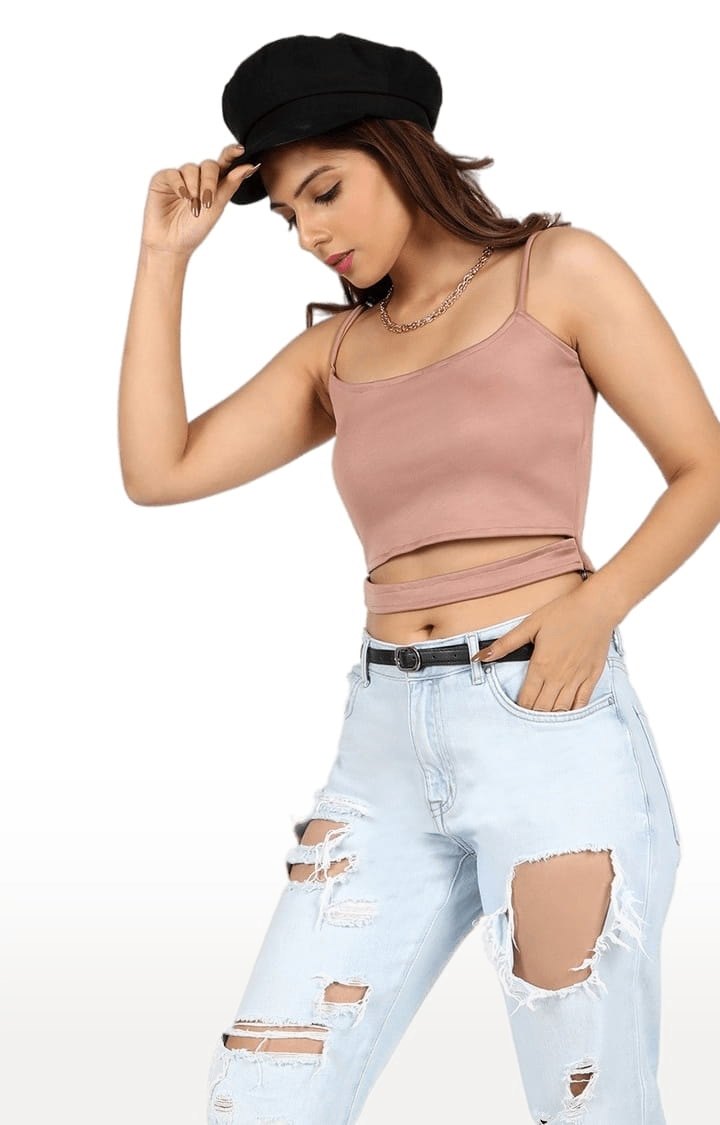 Women's Light Pink Polyester Solid Strappy Top