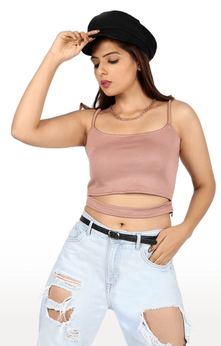 Women's Light Pink Polyester Solid Strappy Top