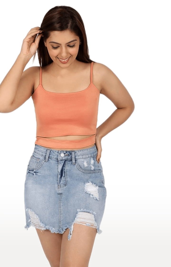 Women's Peach Polyester Solid Strappy Top