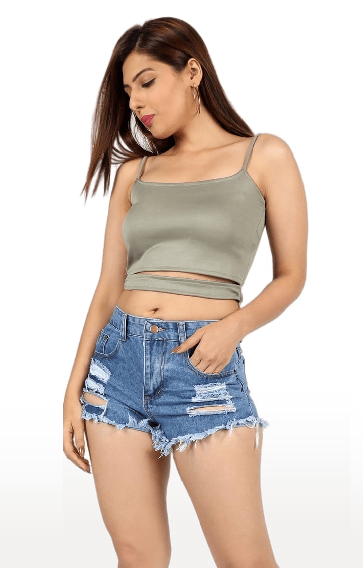 Women's Pista Green Polyester Solid Strappy Top