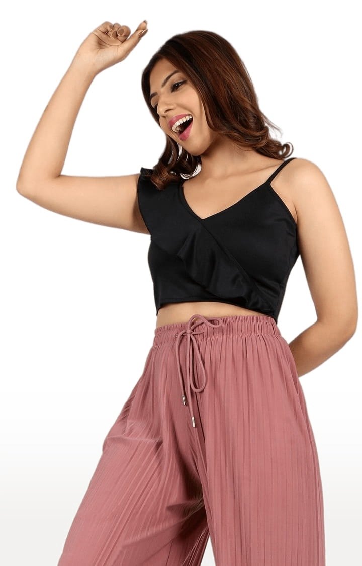 Women's Black Polyester Solid Crop Top