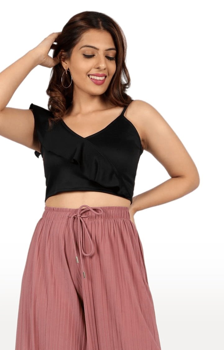 Women's Black Polyester Solid Crop Top