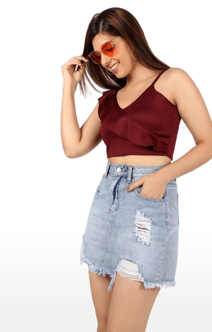 Women's Maroon Polyester Solid Strappy Top