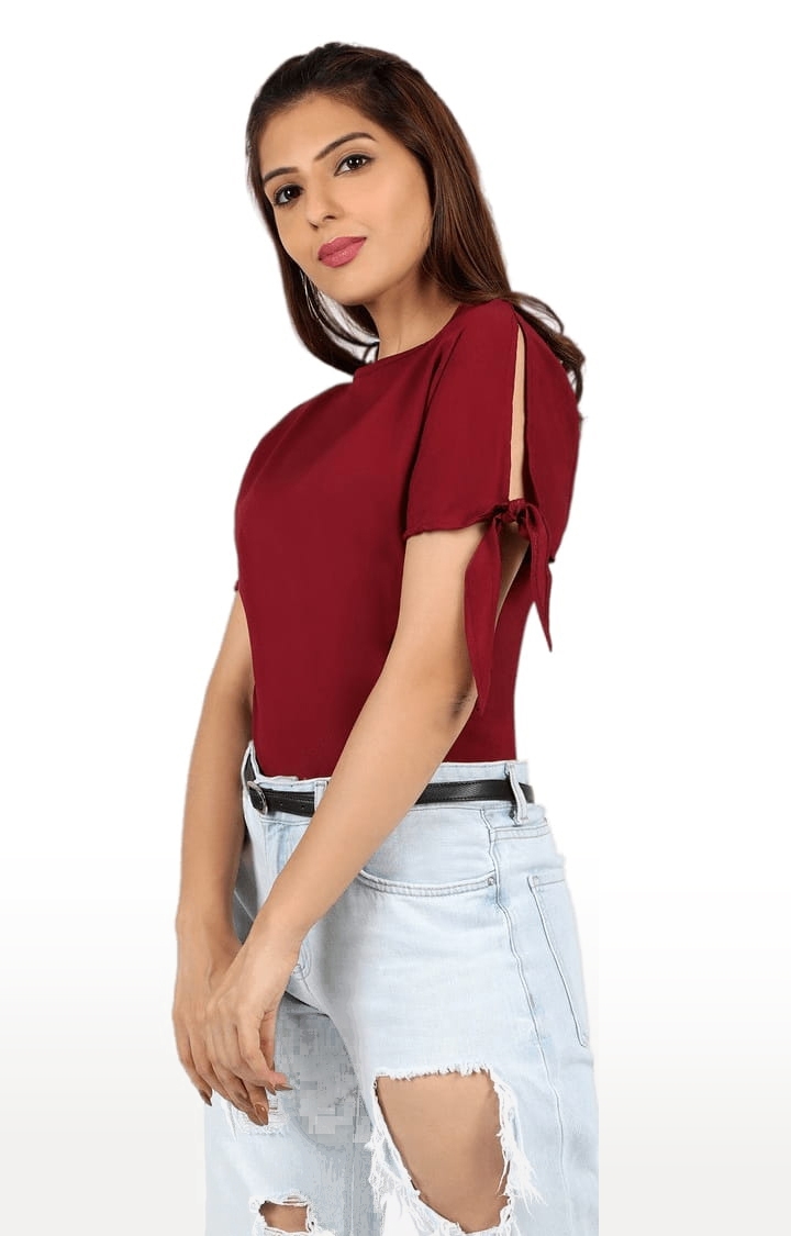 Women's Maroon Polyester  Solid Blouson Top