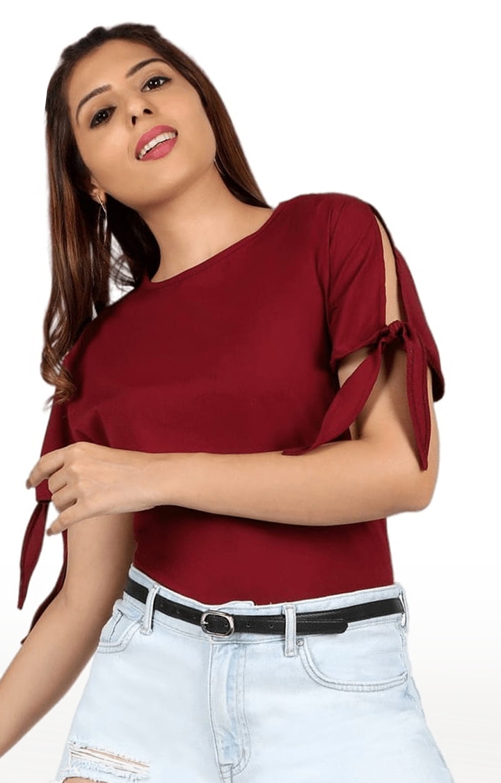 CHIMPAAANZEE | Women's Maroon Polyester  Solid Blouson Top