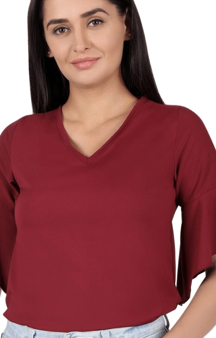 Women's Burgundy Polyester  Solid Blouson Top