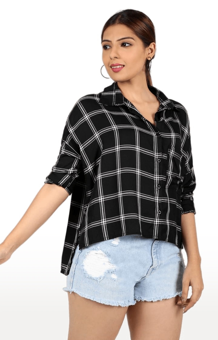 Women's Black Viscose Checked Crop Shirt