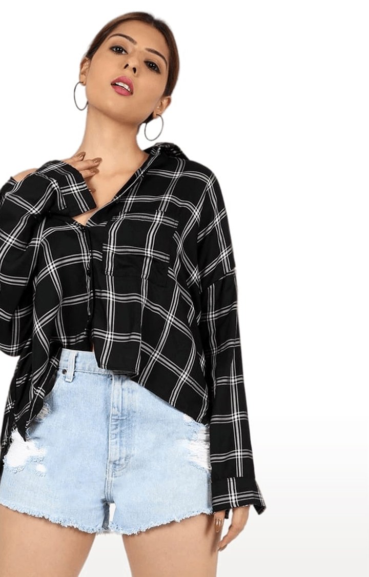 Women's Black Viscose Checked Crop Shirt