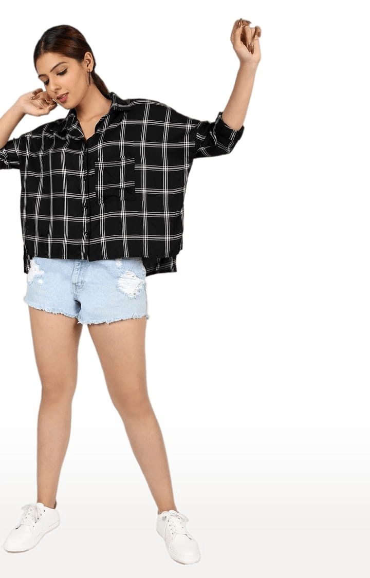 Women's Black Viscose Checked Crop Shirt