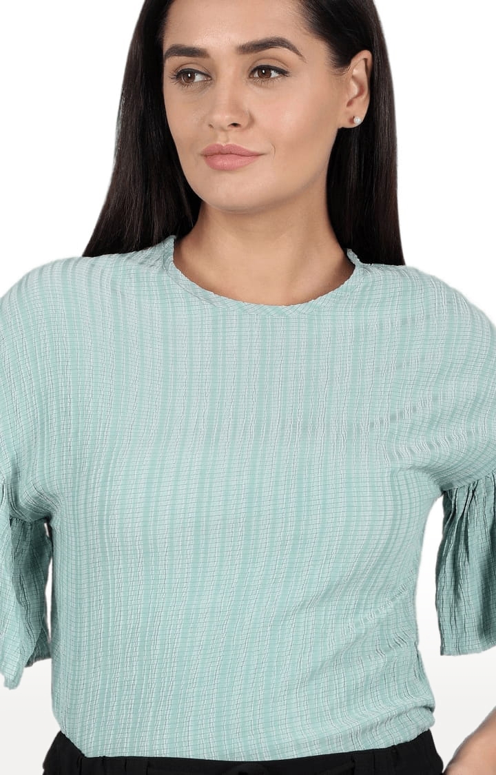 Women's Green Polyester Textured Blouson Top